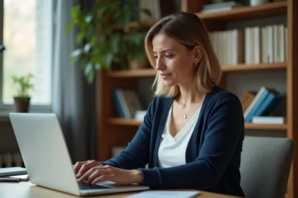Enseignante en télétravail consultant ses emails professionnels sur Webmel Nancy depuis son bureau à domicile