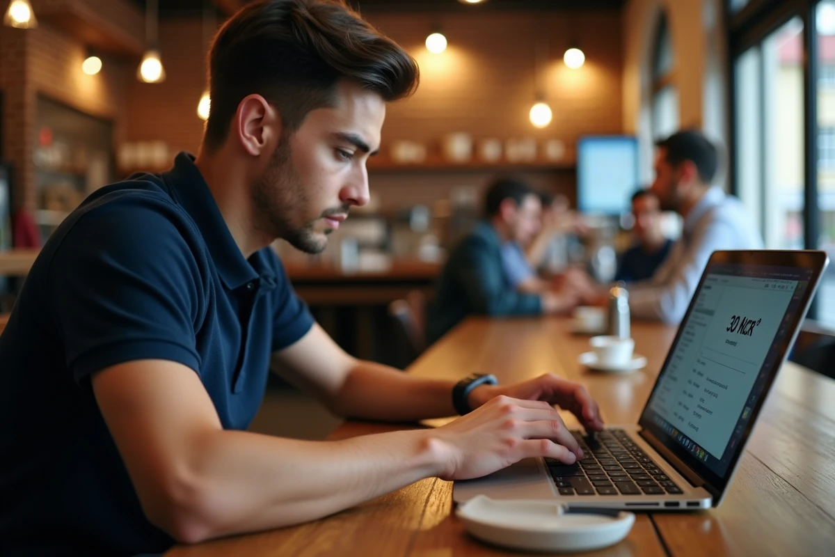 Homme concentré réalisant un test de frappe au clavier dans un café urbain sur son ordinateur portable