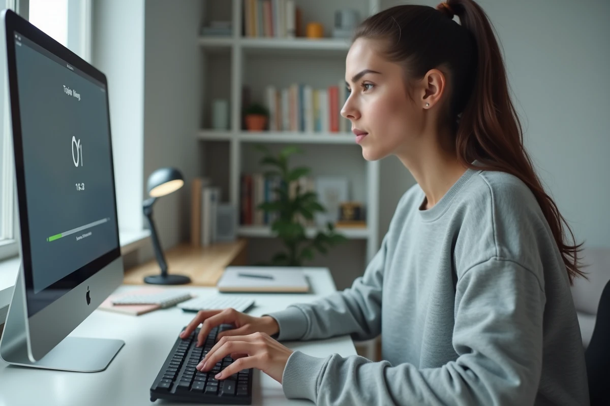 Jeune femme tapant rapidement sur un clavier mécanique lors d'un test de vitesse de frappe en ligne