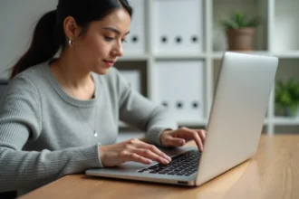 Femme appuyant sur la touche tilde d'un clavier Mac MacBook Pro en home office