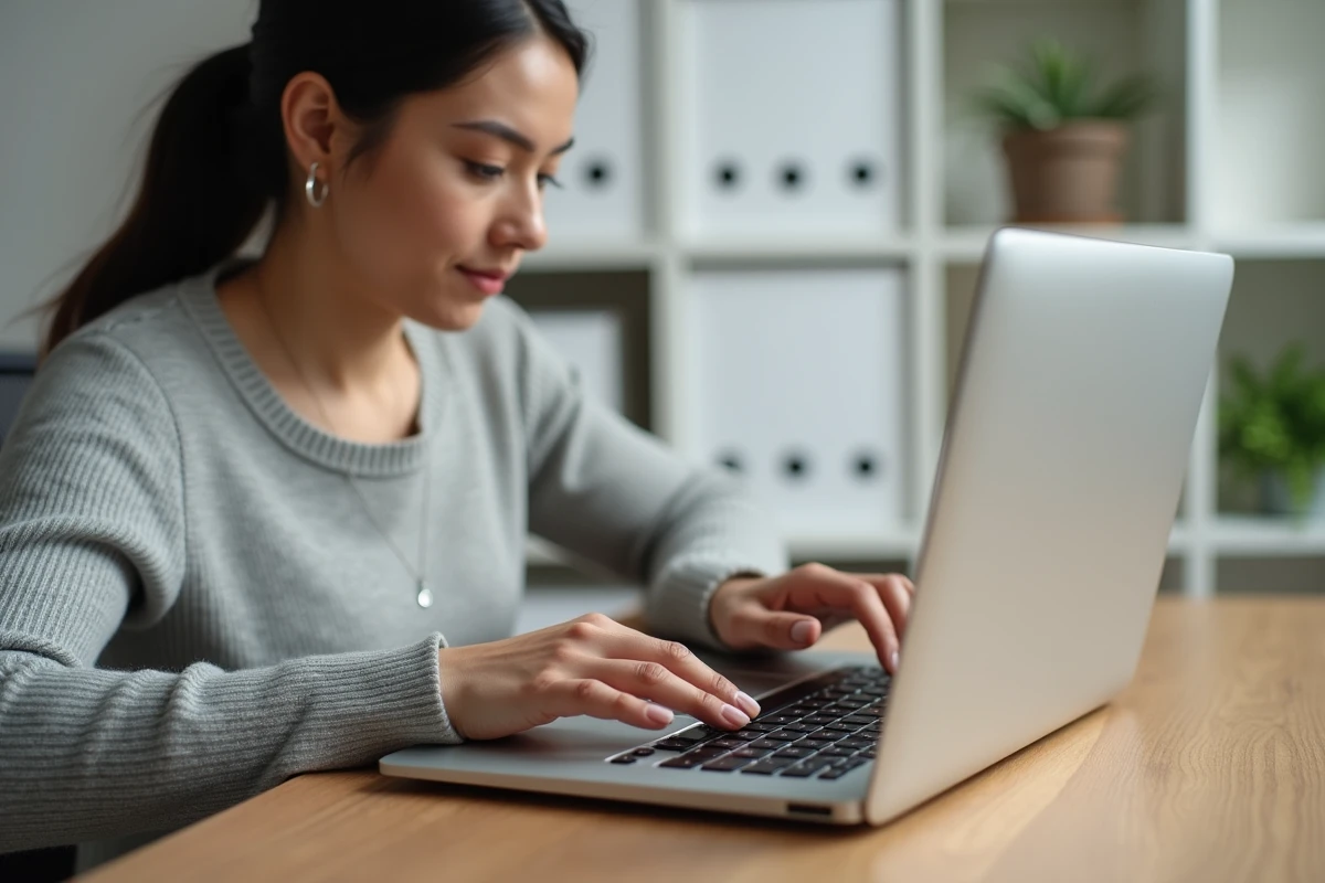 Femme appuyant sur la touche tilde d'un clavier Mac MacBook Pro en home office