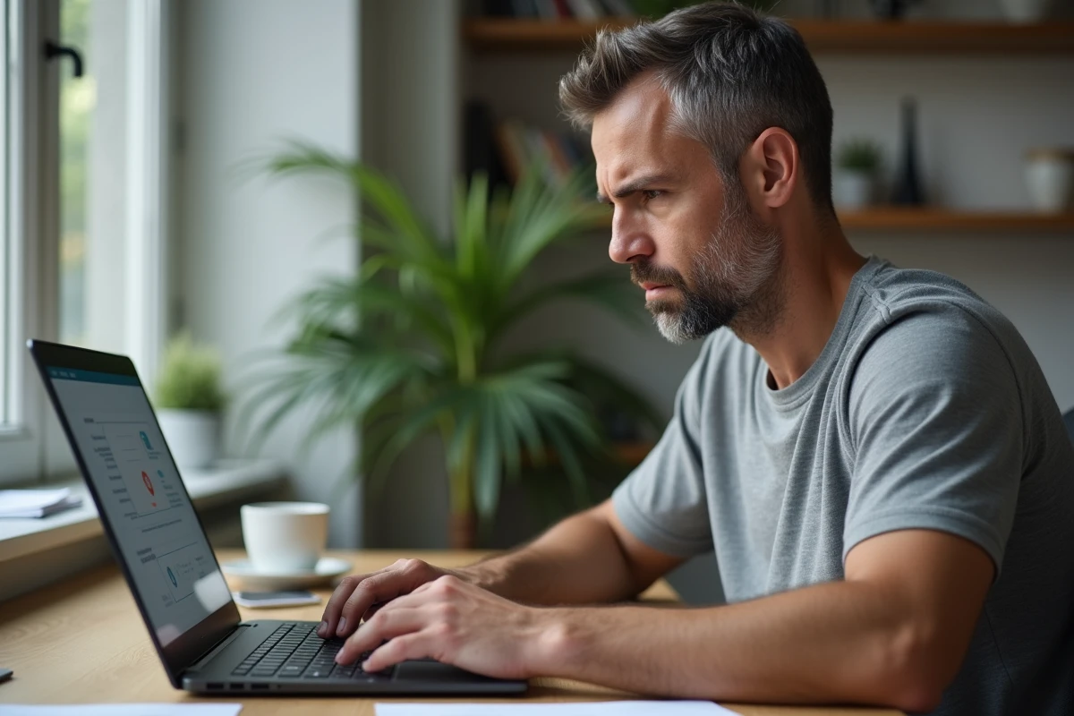 Homme frustré devant un ordinateur portable affichant une erreur de connexion sur une application web lente
