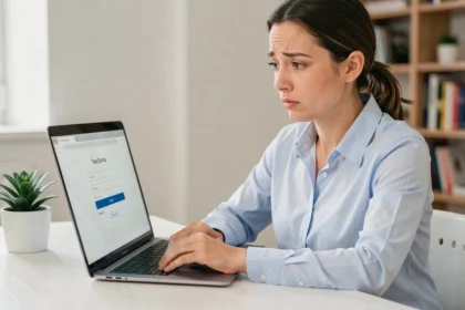 Femme vérifiant ses identifiants de connexion sur un ordinateur portable dans un bureau à domicile
