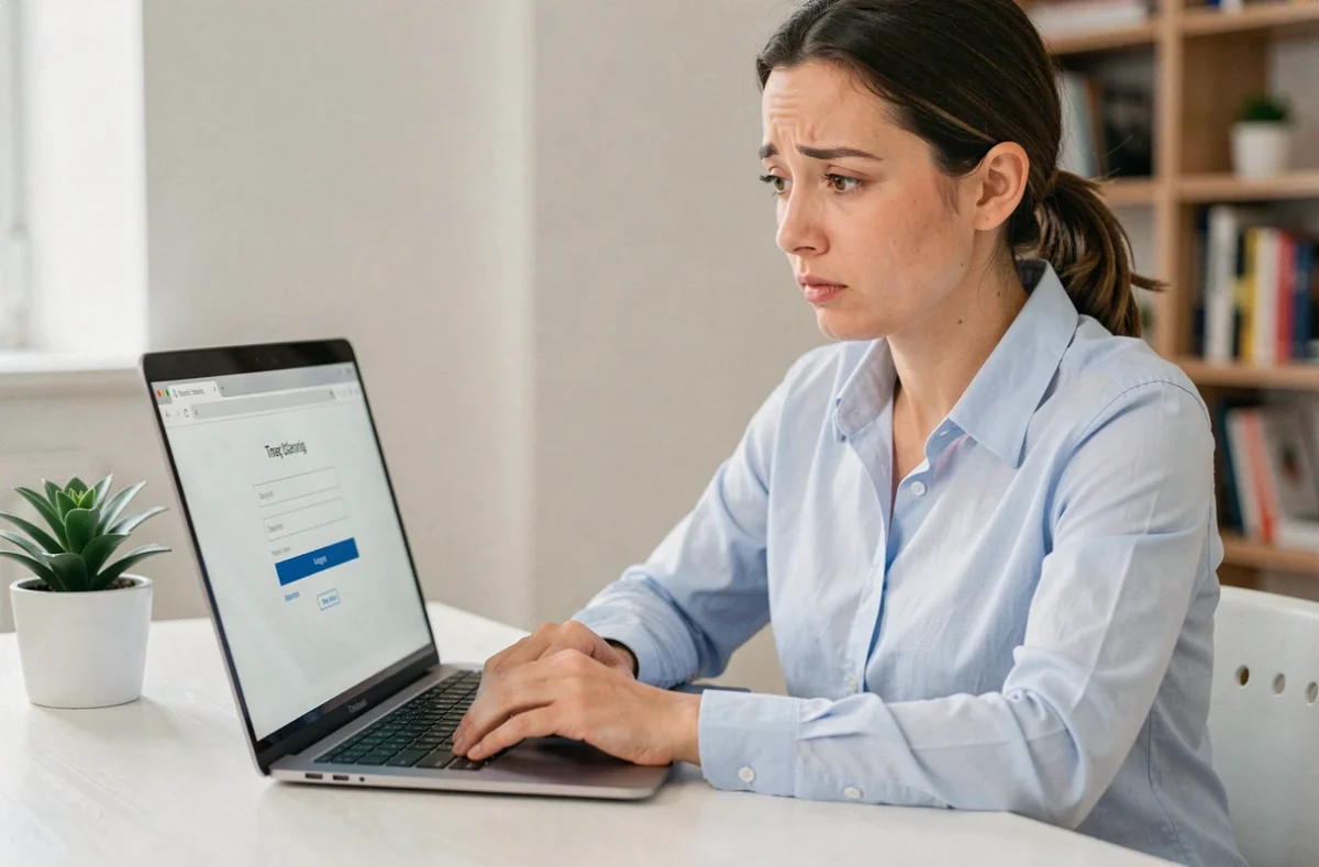 Femme vérifiant ses identifiants de connexion sur un ordinateur portable dans un bureau à domicile