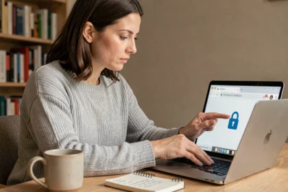 Femme vérifiant le cadenas HTTPS d'un site sécurisé avant de l'ajouter aux favoris de son navigateur