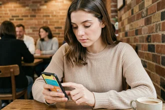Jeune femme consultant des stories Snapchat anonymement sur son smartphone dans un café