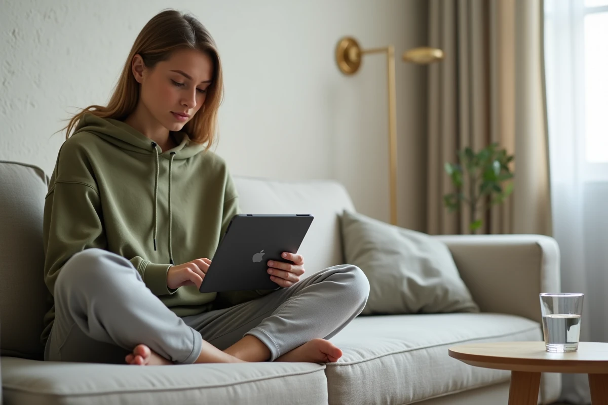 Jeune professeure de l'académie Nancy-Metz utilisant Webmel sur tablette en télétravail dans son appartement